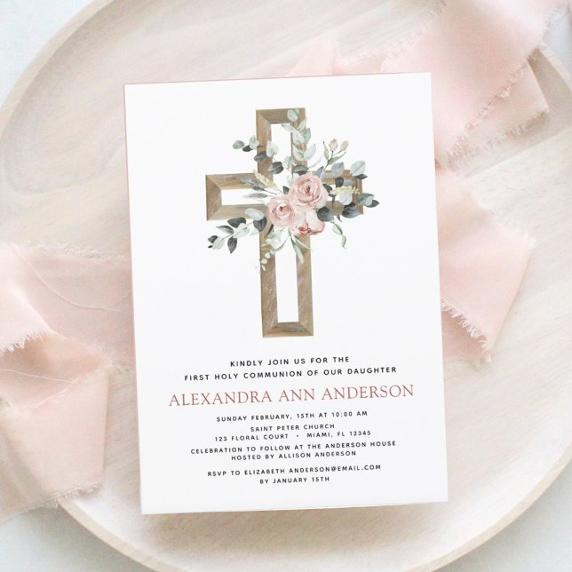 First Holy Communion Dusty Pink Rose Greenery  Inv Invitation (Creator Uploaded)