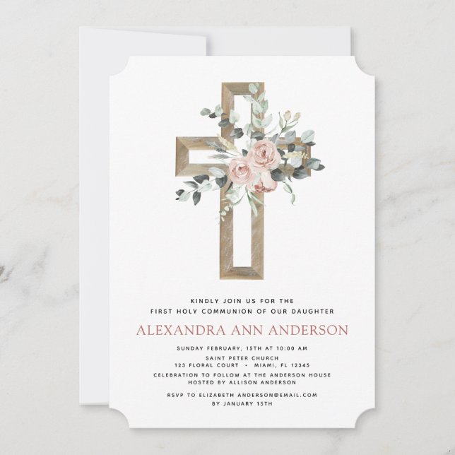 First Holy Communion Dusty Pink Rose Greenery Invitation (Front)