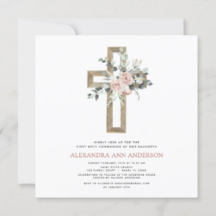 First Holy Communion Dusty Pink Rose Greenery Invitation