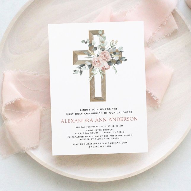 First Holy Communion Dusty Pink Rose Greenery Invitation (Creator Uploaded)