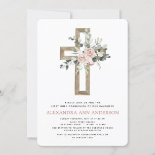 First Holy Communion Dusty Pink Rose Greenery Invitation