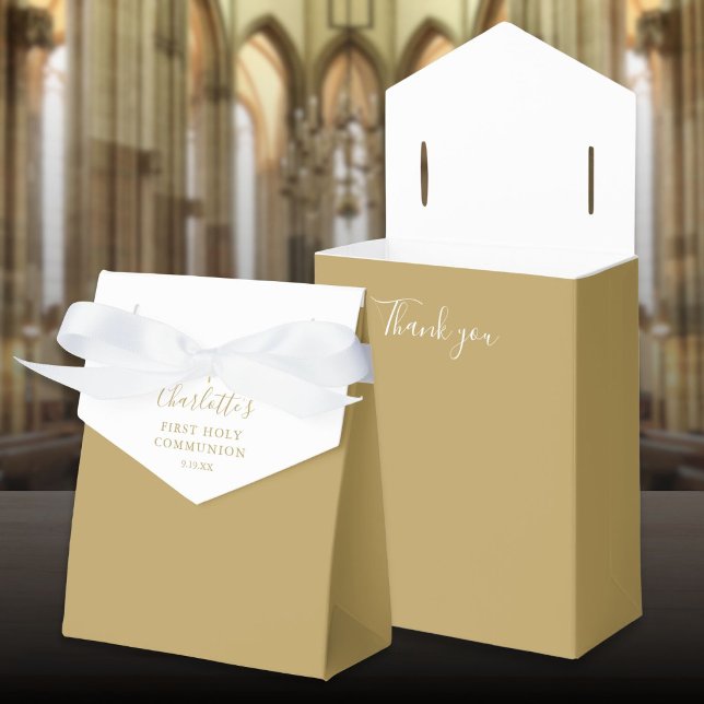 First Holy Communion Elegant Gold Signature Script Favour Box (First Holy Communion Elegant Gold Signature Script Favor Boxes)