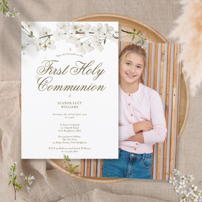 First Holy Communion Elegant White Blossom Photo Invitation (Creator Uploaded)