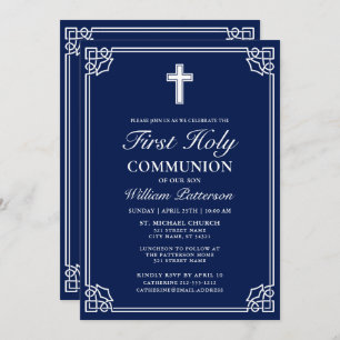 First Holy Communion Elegant Woven Frame Navy Blue Invitation