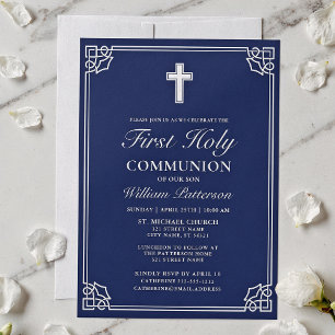 First Holy Communion Elegant Woven Frame Navy Blue Invitation
