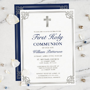 First Holy Communion Elegant Woven Silver Frame Invitation