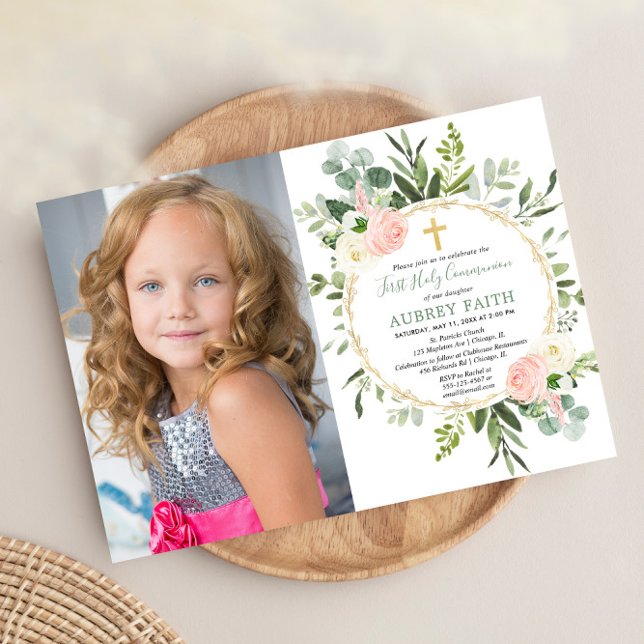 First Holy Communion eucalyptus green pink photo Invitation (Creator Uploaded)