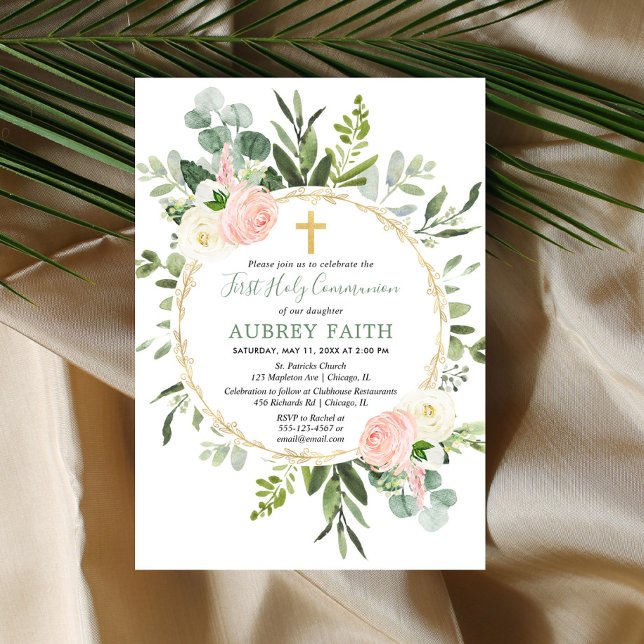 First Holy Communion eucalyptus greenery pink gold Invitation (Creator Uploaded)