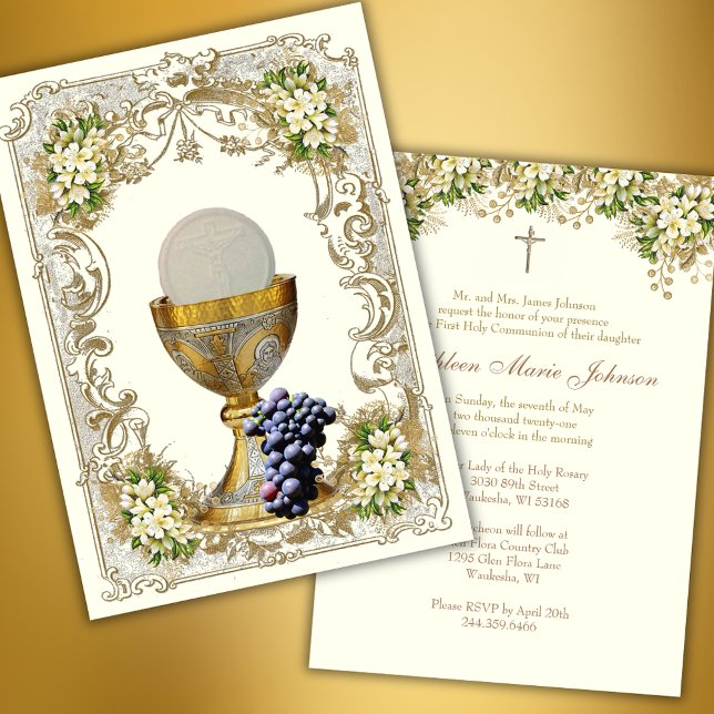 First Holy Communion Eucharist Floral Gold  Invitation (Creator Uploaded)