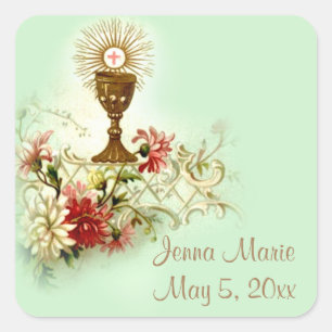 First Holy Communion Eucharist Flowers Square Sticker