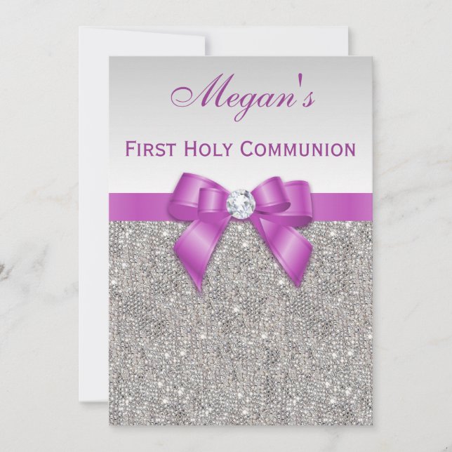First Holy Communion Faux Jewels, Bow & Diamond Invitation (Front)