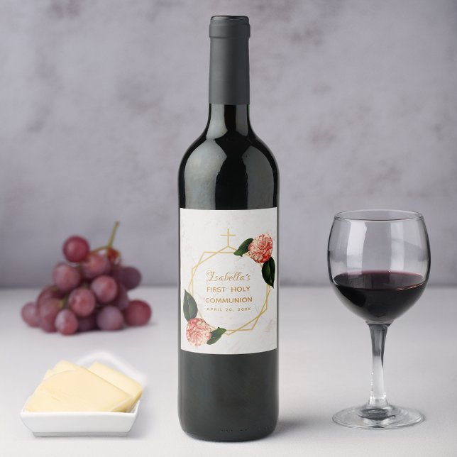 First Holy Communion Floral Camellia Gold Marble Wine Label (Creator Uploaded)