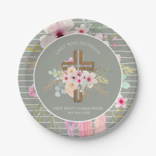 First Holy Communion Floral Cross Girls Sage Pink Paper Plate
