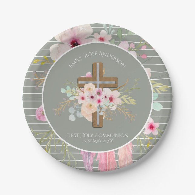 First Holy Communion Floral Cross Girls Sage Pink Paper Plate (Front)