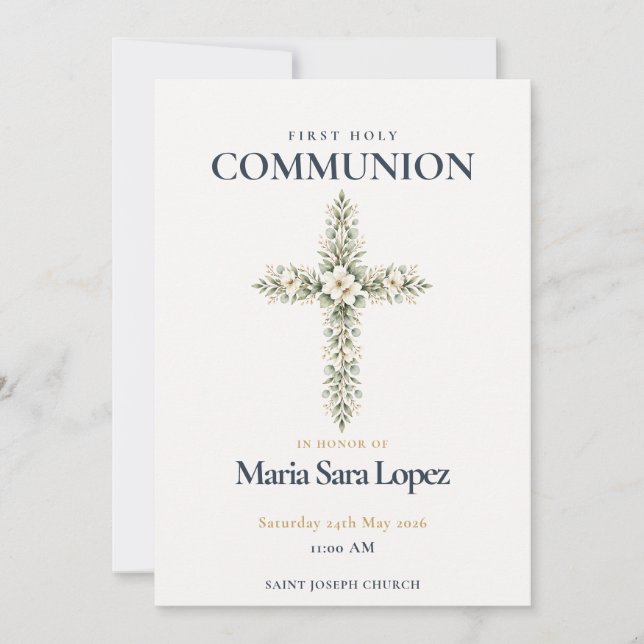 First Holy Communion Floral Cross Invitation (Front)