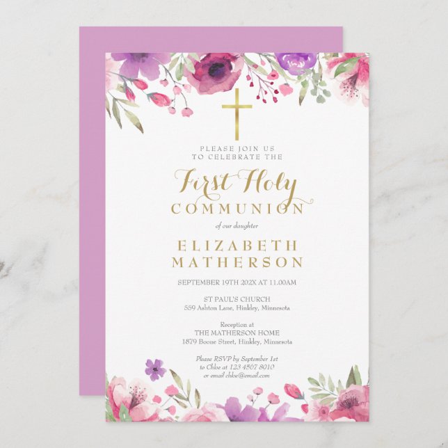First Holy Communion Floral Gold Cross Invitation (Front/Back)