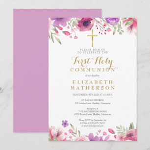 First Holy Communion Floral Gold Cross Invitation
