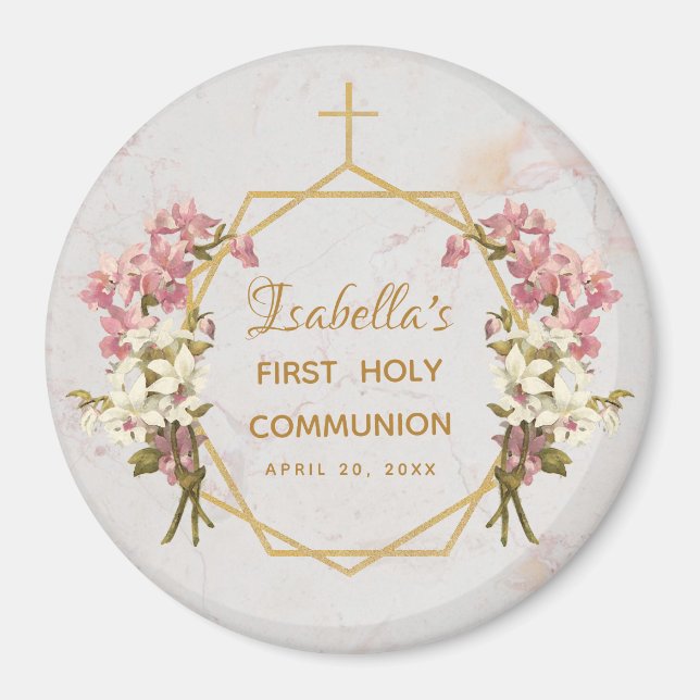 First Holy Communion Floral Gold Marble Orchids Magnet (Front)