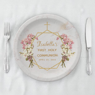 First Holy Communion Floral Gold Marble Orchids Paper Plate