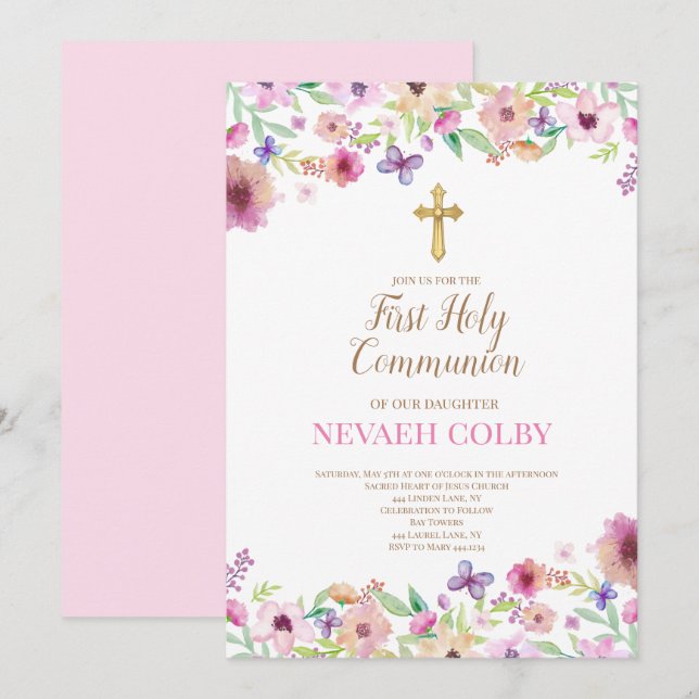 First Holy Communion Floral Invitations (Front/Back)