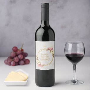 First Holy Communion Floral Orchids Gold Marble Wine Label