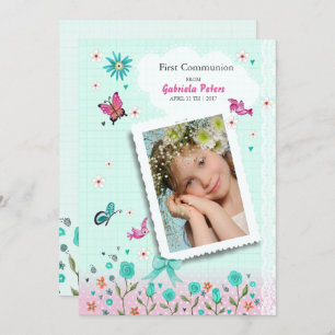 First Holy Communion Floral Photo Invitations