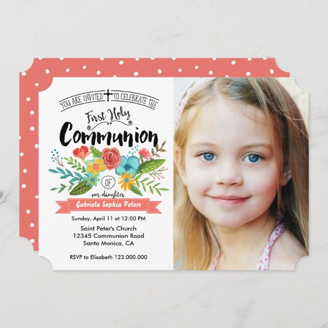 First Holy Communion Floral | Photo Invitations (Front/Back)