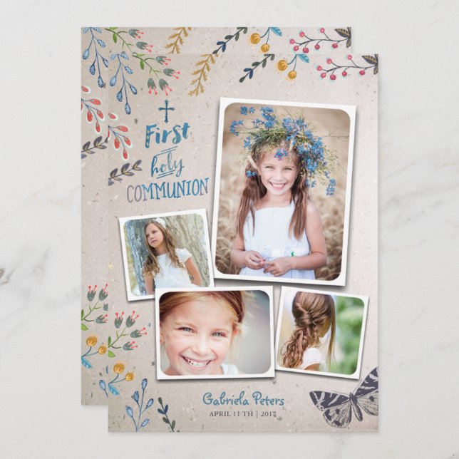 First Holy Communion Floral | Photo Invitations (Front/Back)