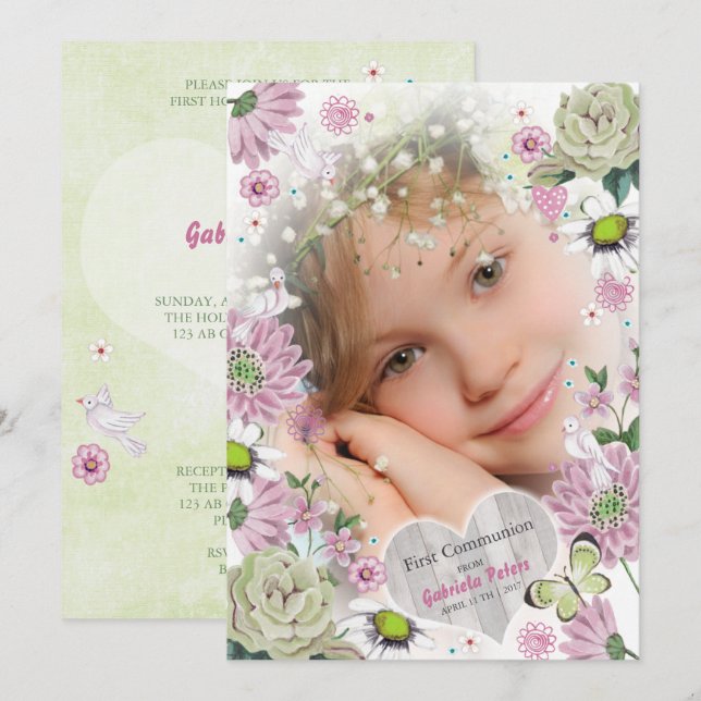 First Holy Communion Floral | Photo Invitations (Front/Back)