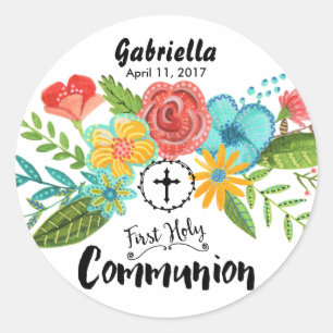 First Holy Communion Flower Round Sticker