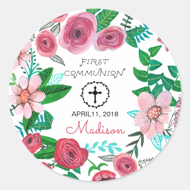 First Holy Communion Flower | Round Sticker (Front)