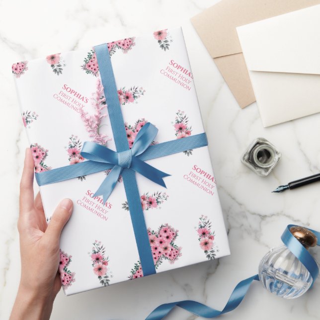 First Holy Communion Girl Chic Pink Flower Cross Wrapping Paper (Gifting)