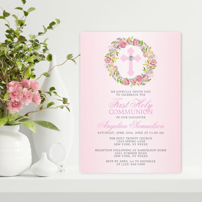 First Holy Communion Girl Floral Cross PHOTO Invitation (Creator Uploaded)