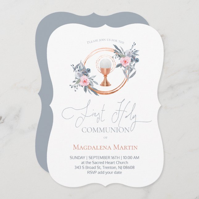 First Holy Communion girl floral decor Invitation (Front/Back)