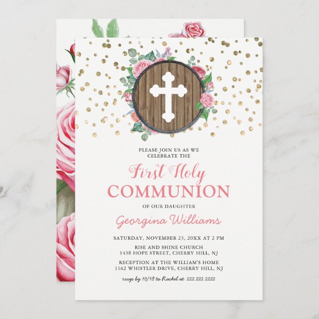 First Holy Communion Girl Religious Cross Invitation (Front/Back)