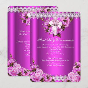 First Holy Communion Girls Hot Pink Pearl Lace Invitation