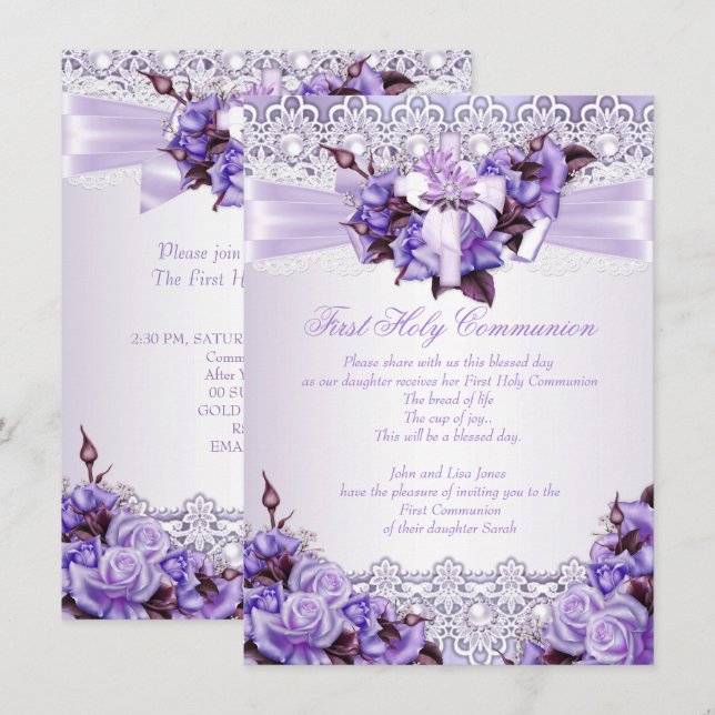 First Holy Communion Girls Lilac Lavender Purple 2 Invitation (Front/Back)