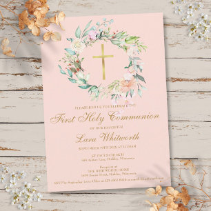 First Holy Communion Gold Cross Blush Pink Floral Invitation