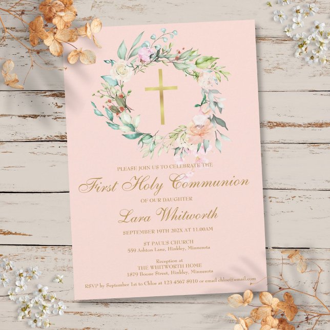 First Holy Communion Gold Cross Blush Pink Floral Invitation (First Holy Communion Gold Cross Blush Pink Floral Invitation)