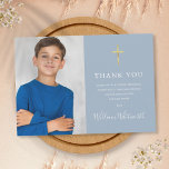 First Holy Communion Gold Cross Dusty Blue Photo  Thank You Card<br><div class="desc">Featuring a script signature name and a special photo on a dusty blue background. Personalise with your photo and special first holy communion thank you message in chic lettering on this stylish design. Designed by Thisisnotme©</div>