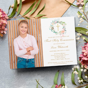 First Holy Communion Gold Cross Floral Photo Invitation