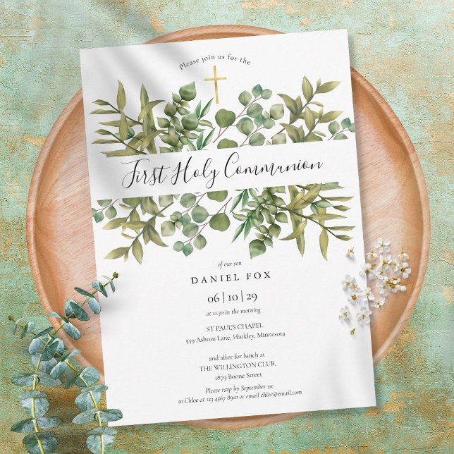 First Holy Communion Gold Cross Greenery Invitation (Creator Uploaded)