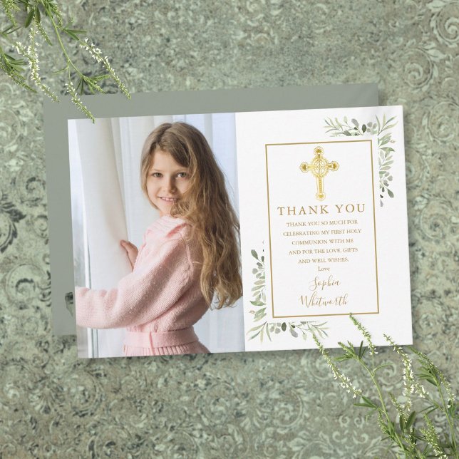 First Holy Communion Gold Cross Greenery Photo Thank You Card (First Holy Communion Gold Cross Greenery Photo Thank You Card)