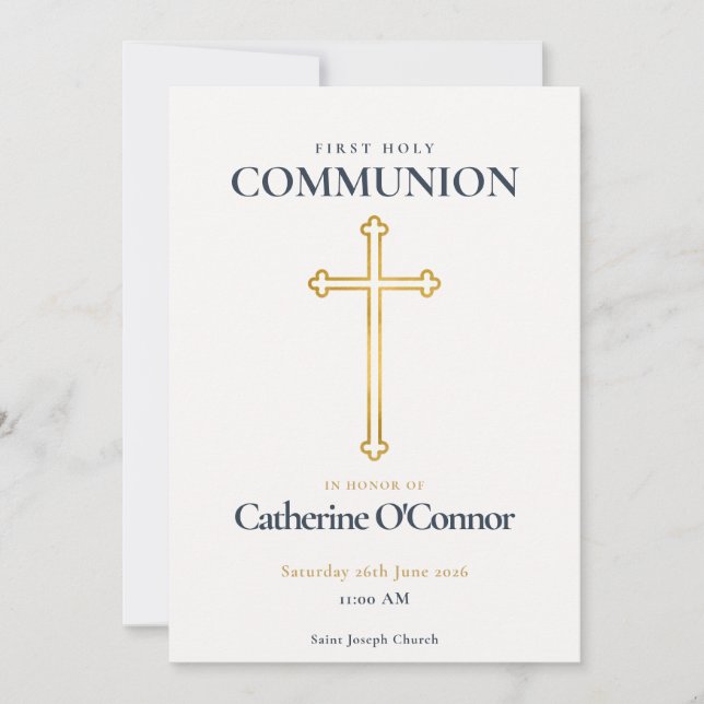 First Holy Communion Gold Cross Invitation (Front)