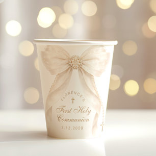 First Holy Communion Gold Cross Ivory Bow Paper Cups