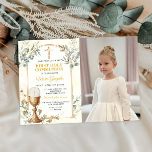First Holy Communion Gold Cross Photo Invitation