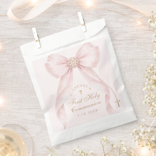 First Holy Communion Gold Cross Pink Bow Favour Bags (Clipped)