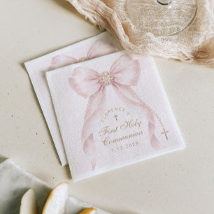 First Holy Communion Gold Cross Pink Bow Napkin