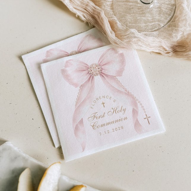 First Holy Communion Gold Cross Pink Bow Napkin (Creator Uploaded)