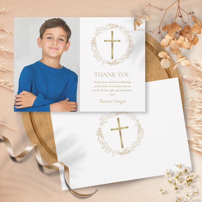 First Holy Communion Gold Floral Garland Photo Thank You Card (Creator Uploaded)